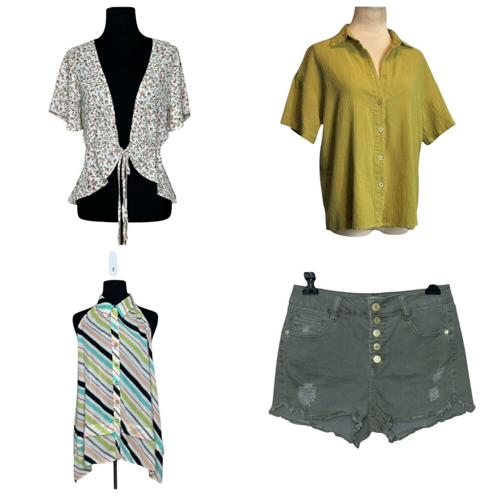 Women size Small Summer Bundle Floral Top Olive Shirt Striped Blouse Shorts Set